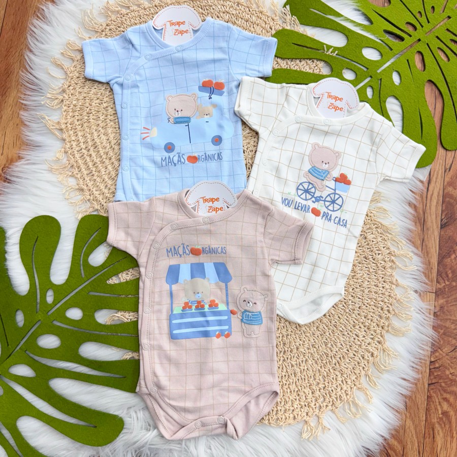 Kit 3 Peças - Bodys Manga Curta Ursos Maçãs Orgânicas - Azul Bebê, Off White e Areia